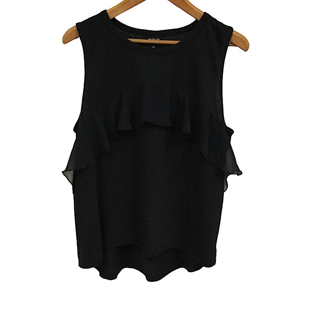 WHOWHATWEAR sz Large Tank Top Ruffled Front Sleeveless Black